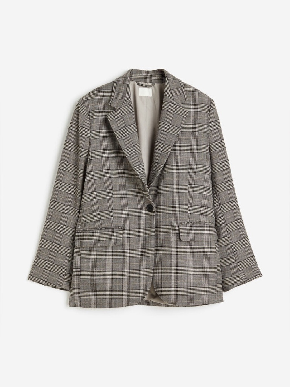 H&M Women’s Oversized Fit One Button Plaid Blazer XS Greige Black